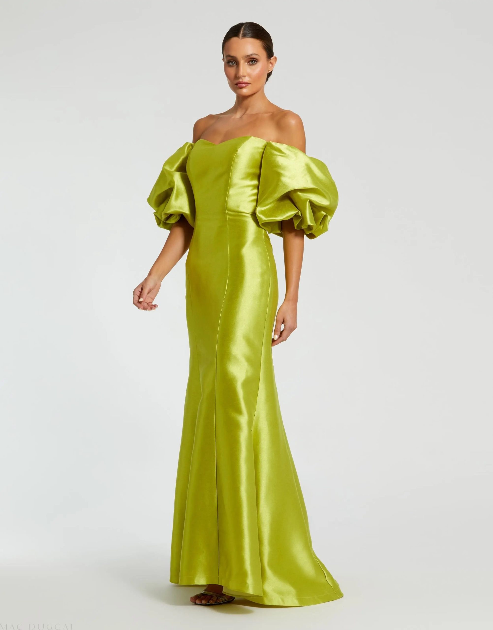 Green Sweetheart Off The Shoulder Puff Sleeve Gown - Image 3