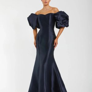 Navy Sweetheart Off The Shoulder Puff Sleeve Gown