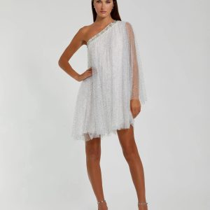 White One Shoulder Embellished Tulle Mini Dress