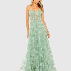 Green Embroidered Sweetheart Neck A-Line Gown