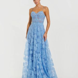 Blue Embroidered Sweetheart Neck A-Line Gown