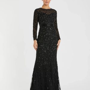 Black Long Sleeve Beaded Evening Gown
