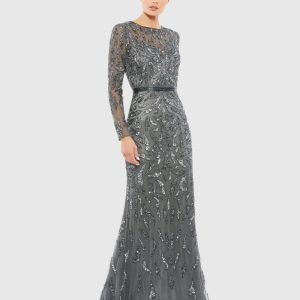 Dark Gray Long Sleeve Beaded Evening Gown