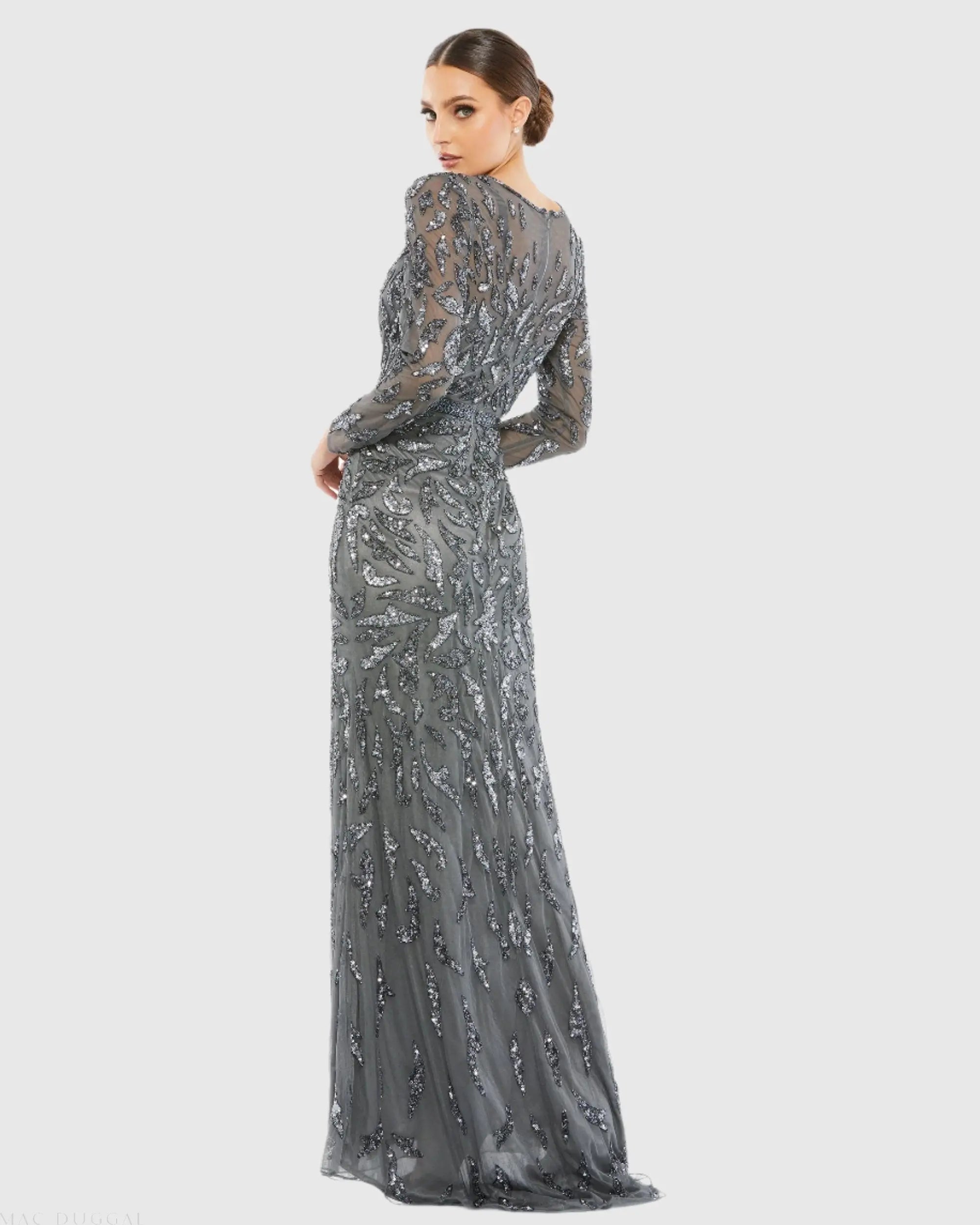 Dark Gray Long Sleeve Beaded Evening Gown - Image 3
