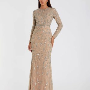 Beige Long Sleeve Beaded Evening Gown