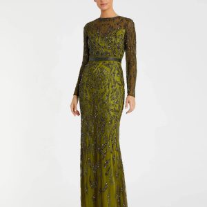 Green Long Sleeve Beaded Evening Gown