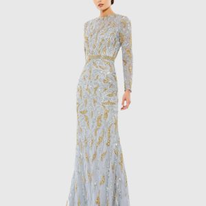 Gray Long Sleeve Beaded Evening Gown