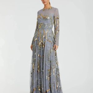 Long Sleeve Embellished Illusion Evening Gown