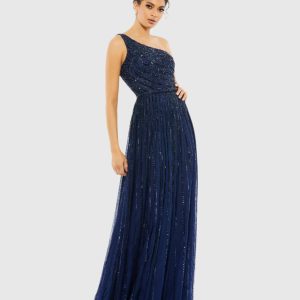 Navy Embellished One Shoulder A-Line Gown