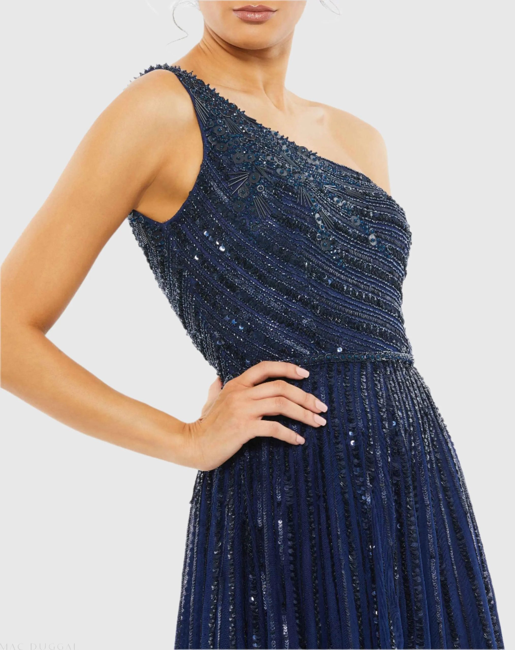 Navy Embellished One Shoulder A-Line Gown - Image 2