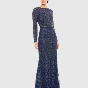Navy Long Sleeve Beaded Column Gown