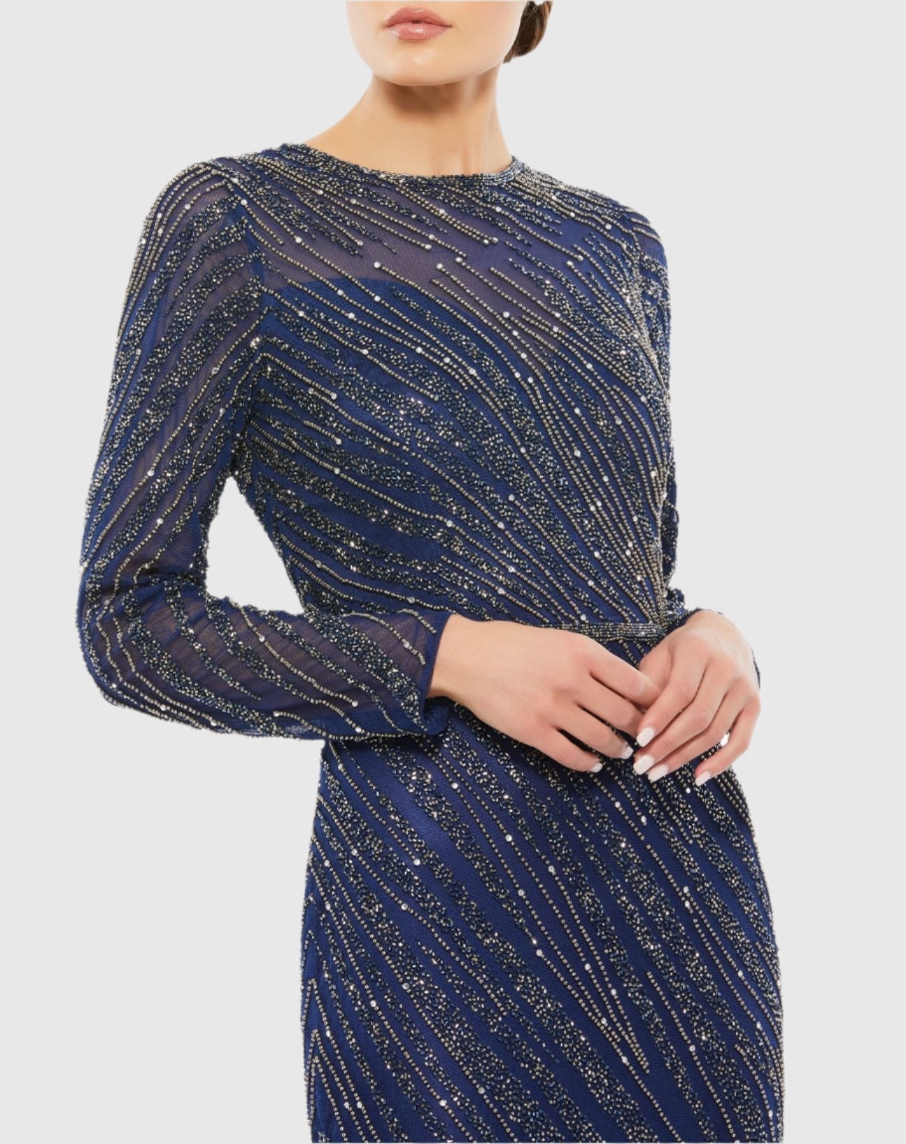Navy Long Sleeve Beaded Column Gown - Image 2