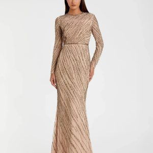 Beige Long Sleeve Beaded Column Gown - FINAL SALE