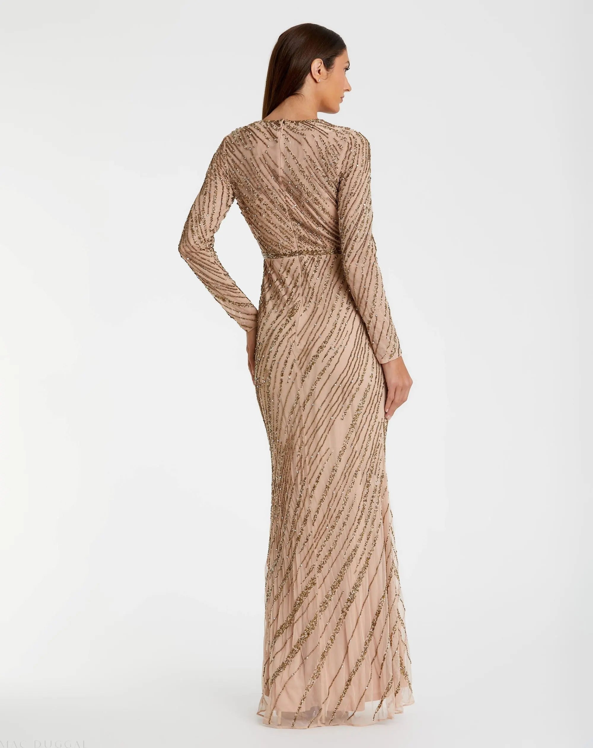 Beige Long Sleeve Beaded Column Gown - FINAL SALE - Image 3