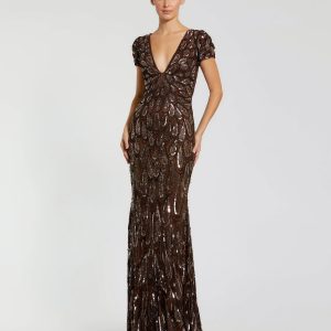 Brown Beaded Embellished V Neck Cap Sleeve Column Gown