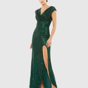 Green Embellished Cap Sleeve Evening Gown