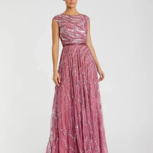 Pink Cap Sleeve Embellished Evening Gown