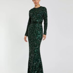 Green Hand Embellished Long Sleeve Gown