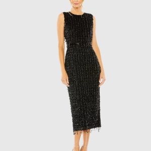 Black Sleeveless High Neck Beaded Midi Sheath Dress