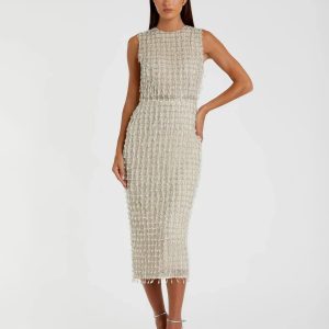 Beige Sleeveless High Neck Beaded Midi Sheath Dress