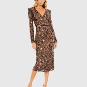 Brown Geo Embellished Midi Sheath Dress