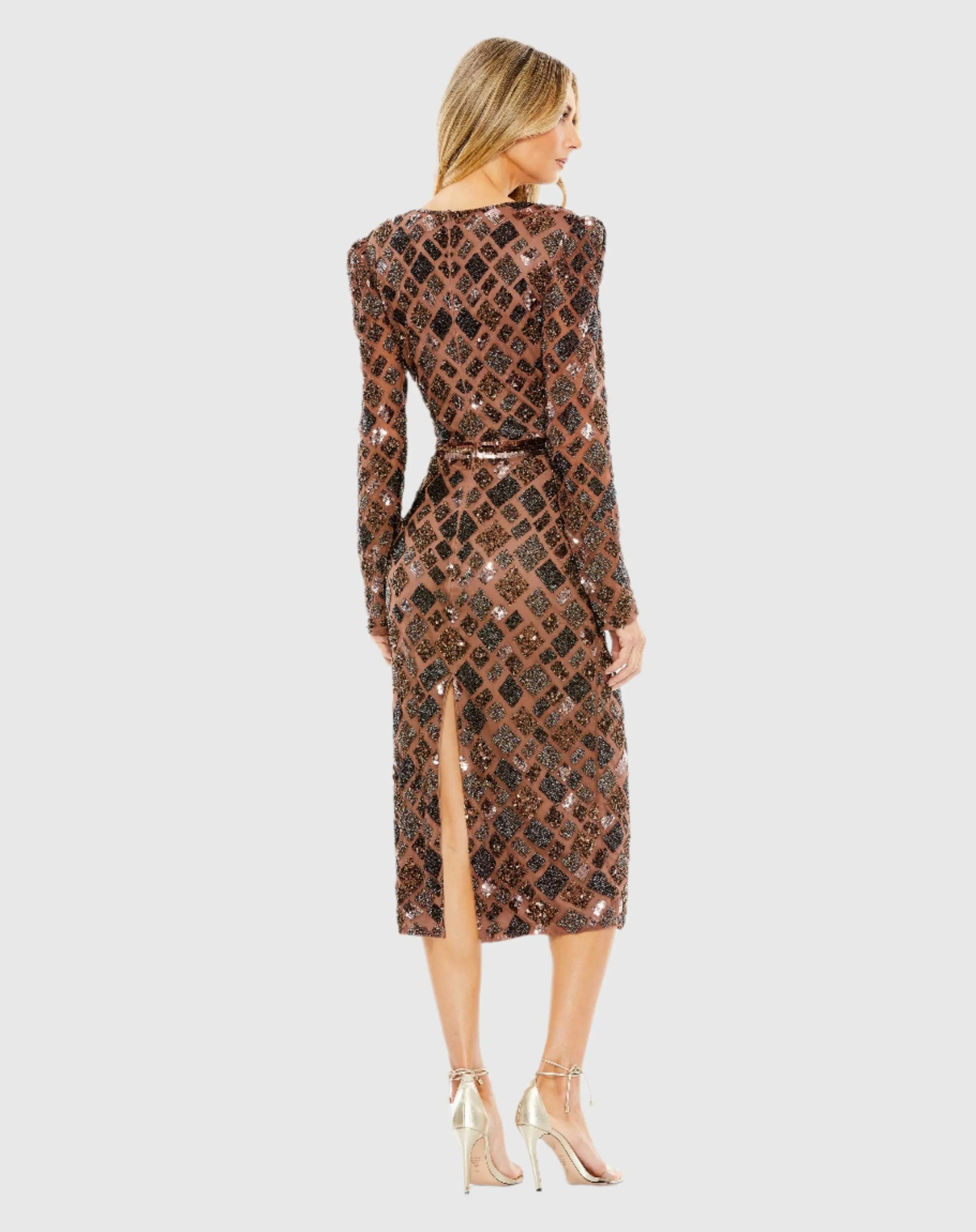 Brown Geo Embellished Midi Sheath Dress - Image 3