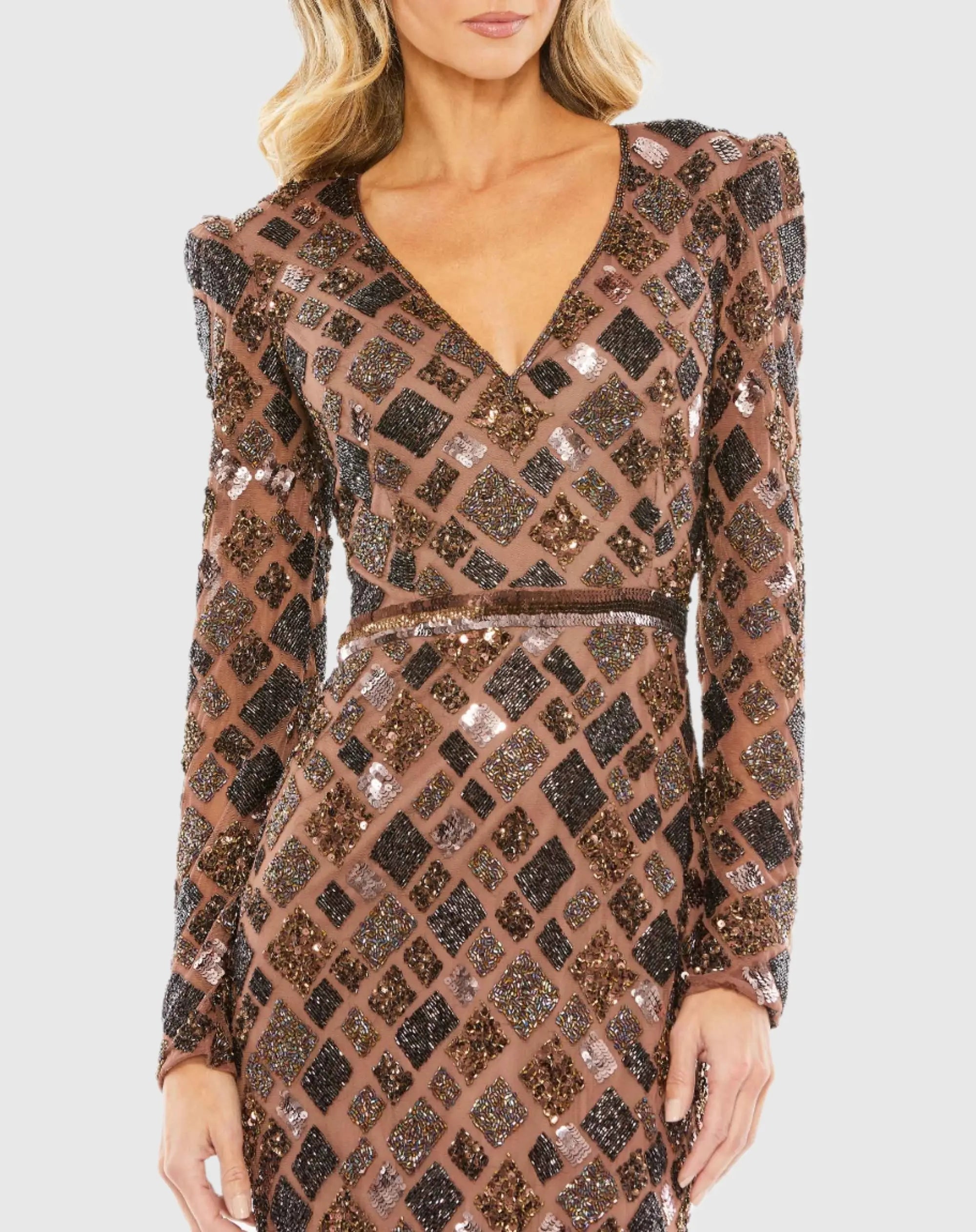 Brown Geo Embellished Midi Sheath Dress - Image 2