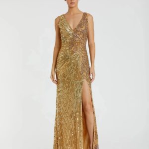 Gold Beaded Floral Sleeveless Gown