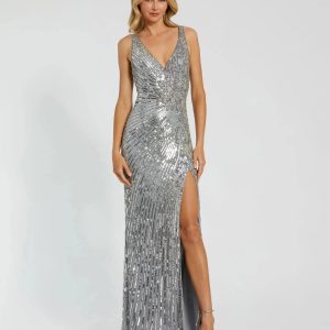 Silver Beaded Floral Sleeveless Gown