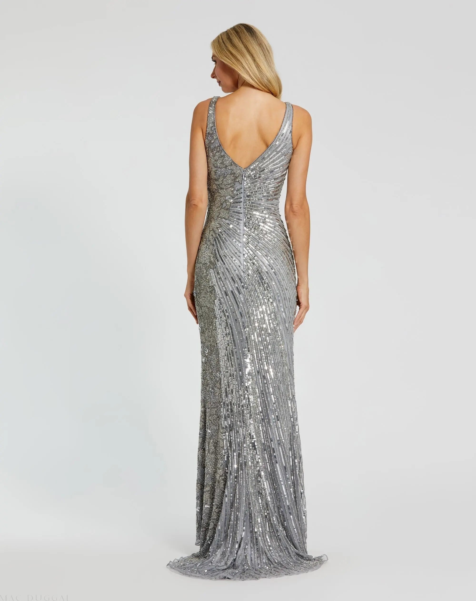 Silver Beaded Floral Sleeveless Gown - Image 3