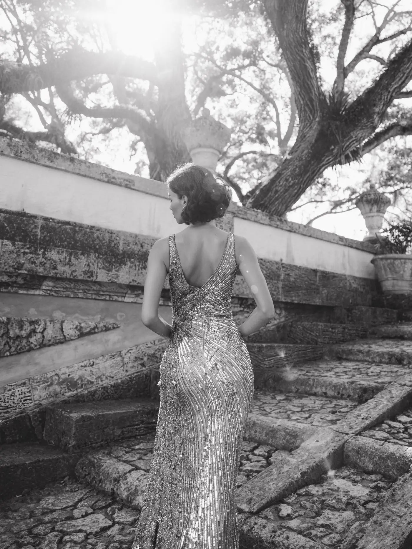 Silver Beaded Floral Sleeveless Gown - Image 6