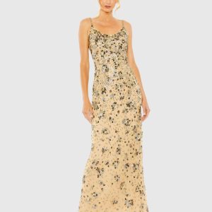 Beige Floral Embellished Scoop Neck Evening Gown