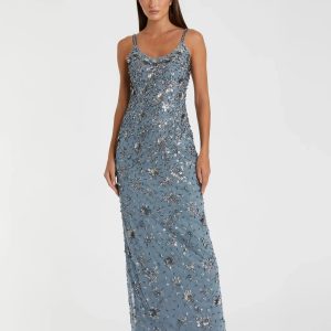 Blue Floral Embellished Scoop Neck Evening Gown