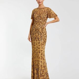 Gold Embellished High Neck Flutter Sleeve Gown