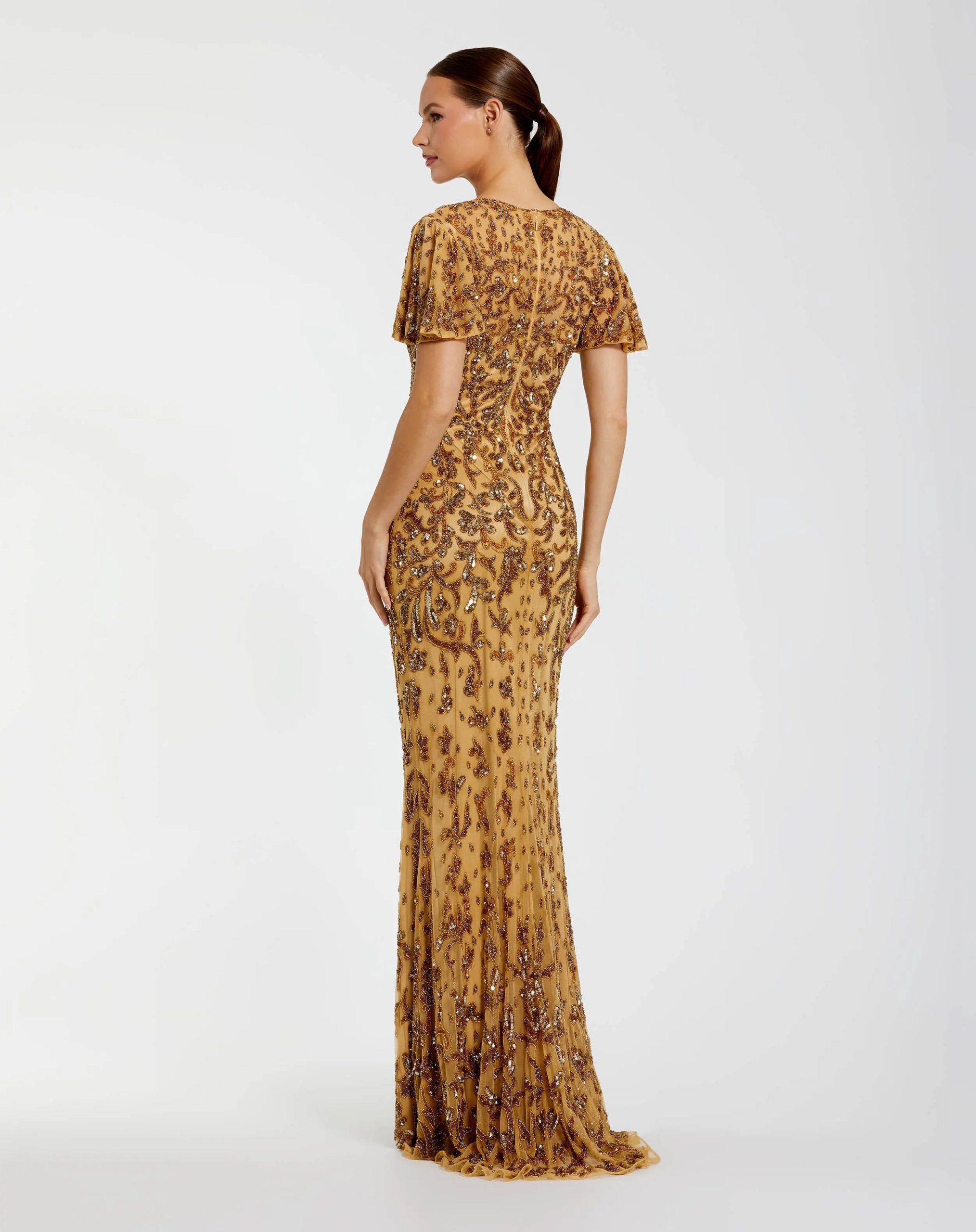 Gold Embellished High Neck Flutter Sleeve Gown - Image 3