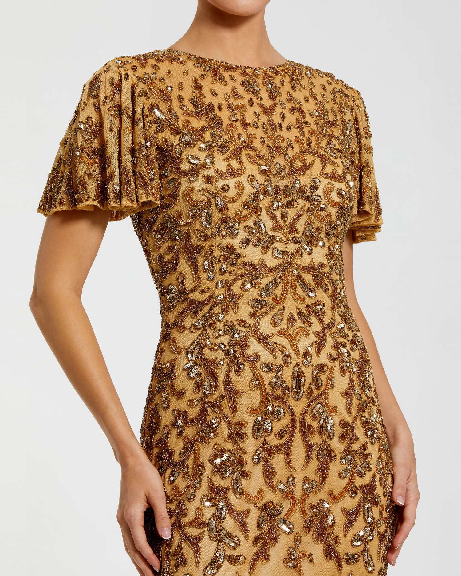 Gold Embellished High Neck Flutter Sleeve Gown - Image 2