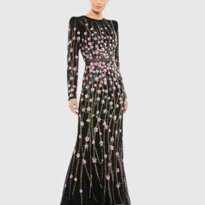 Black Embellished High Neck Long Sleeve Gown