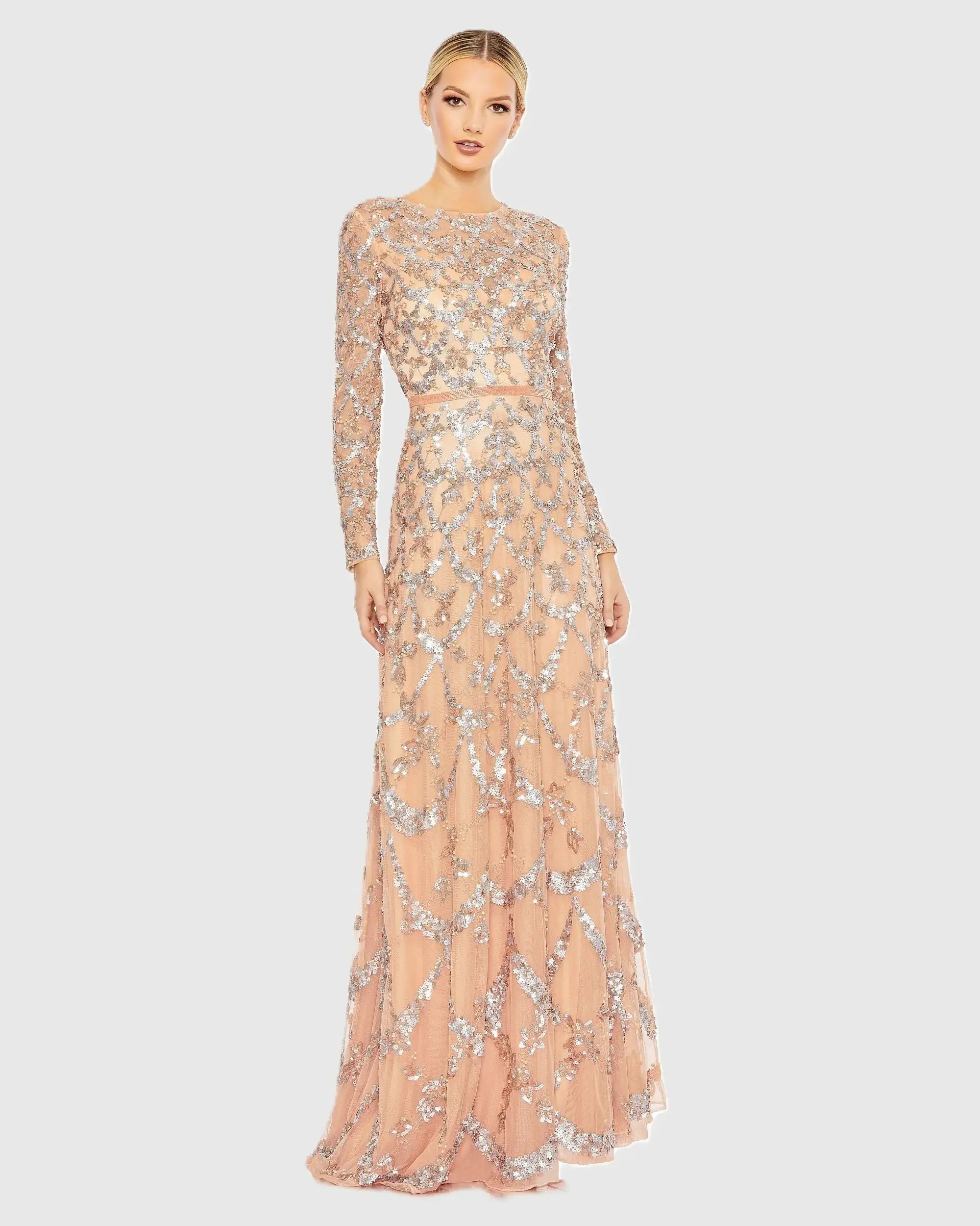 Embellished Illusion High Neck Long Sleeve A Line Gown - Image 2
