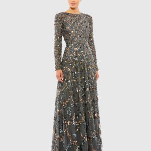 Gray Embellished Illusion High Neck Long Sleeve A Line Gown