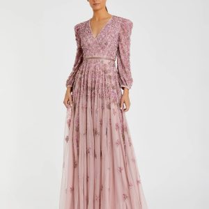 Embellished V Neck Long Sleeve A Line Gown