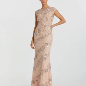 Pink Floral Embellished Cap Sleeve Column Gown