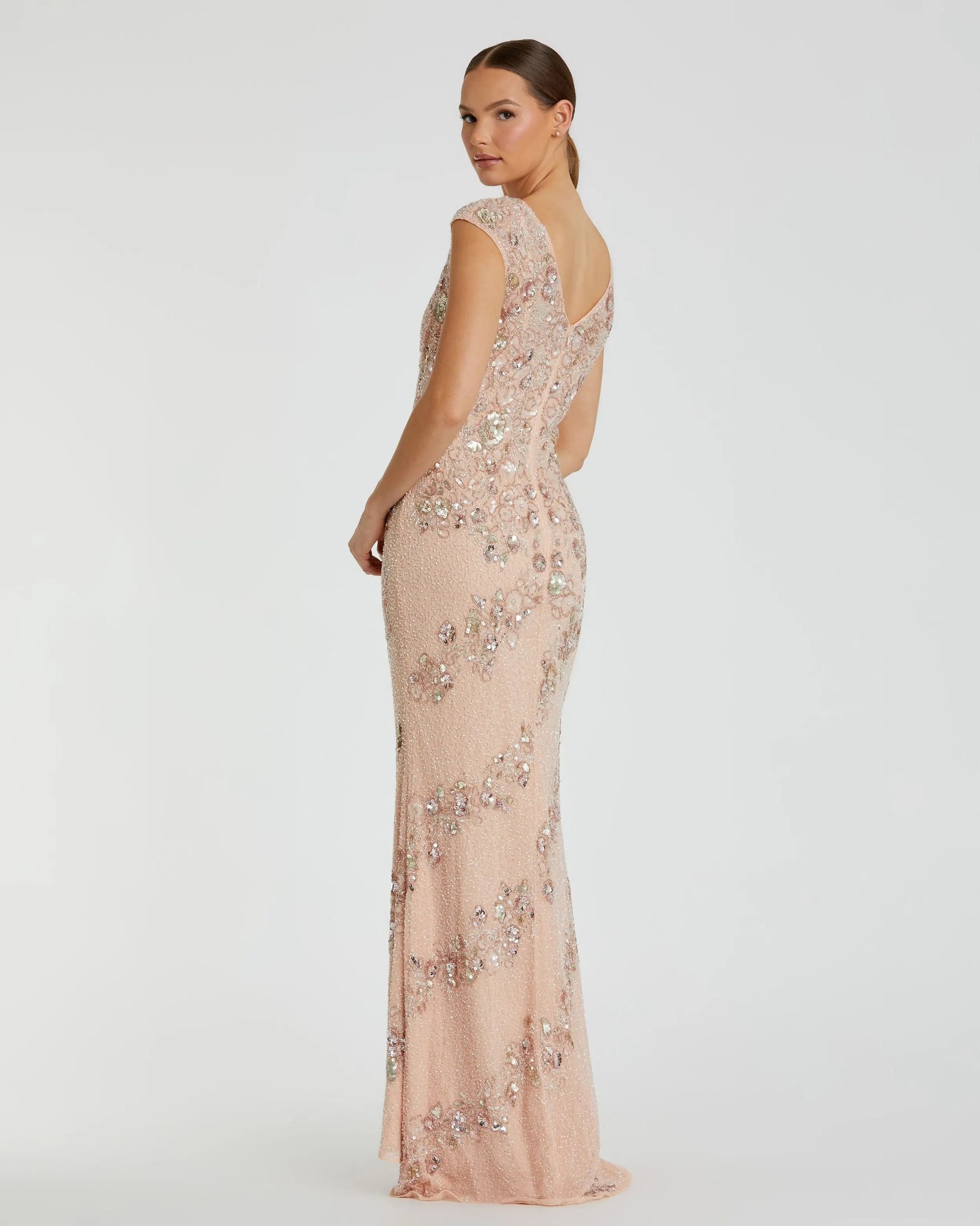 Pink Floral Embellished Cap Sleeve Column Gown - Image 3