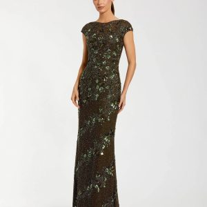 Green Floral Embellished Cap Sleeve Column Gown