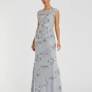 Light Blue Floral Embellished Cap Sleeve Column Gown