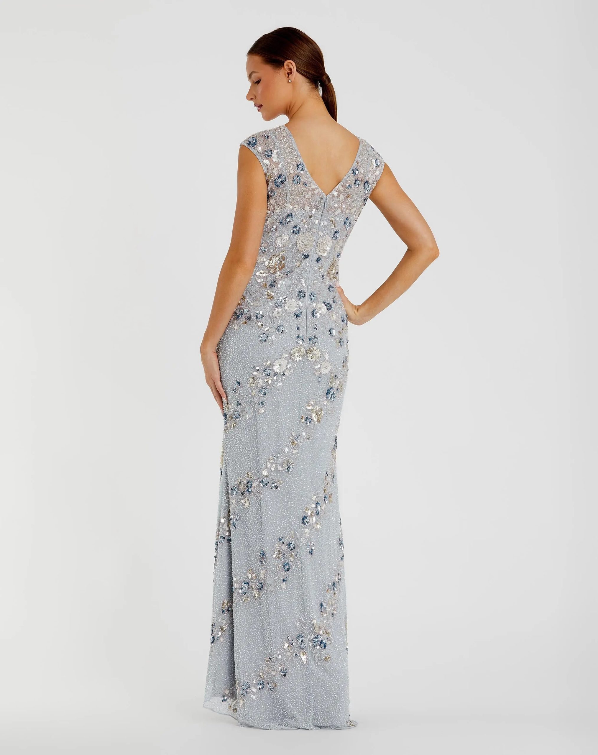 Light Blue Floral Embellished Cap Sleeve Column Gown - Image 3