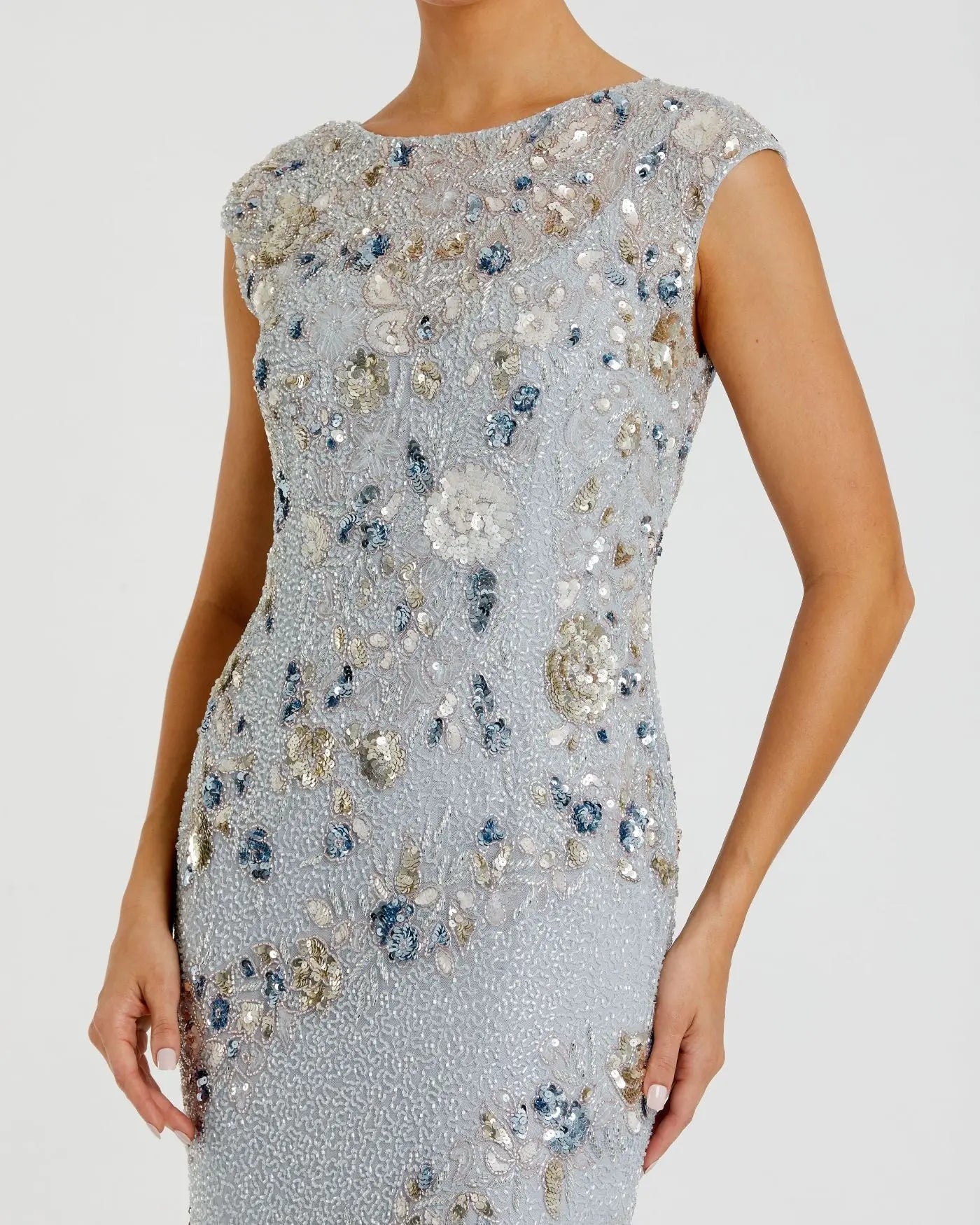 Light Blue Floral Embellished Cap Sleeve Column Gown - Image 2