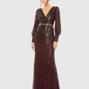 Red Sequined Wrap Over Bishop Sleeve Gown