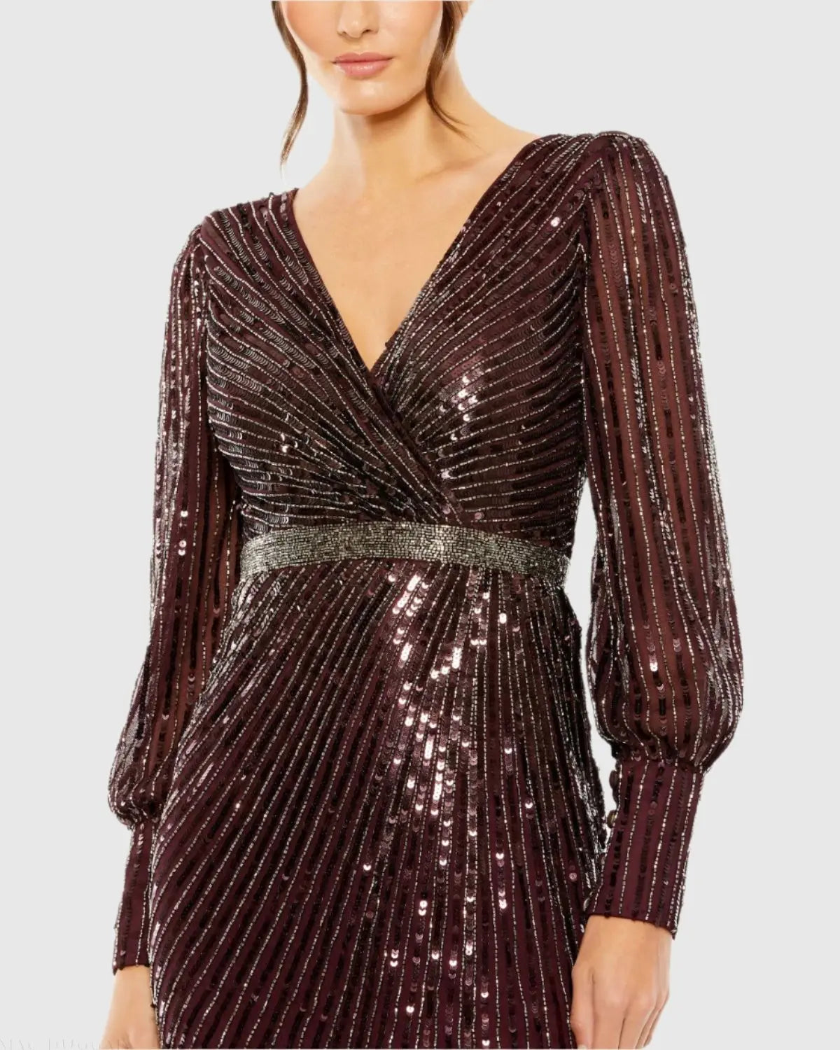 Red Sequined Wrap Over Bishop Sleeve Gown - Image 2