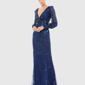 Navy Sequined Wrap Over Bishop Sleeve Gown