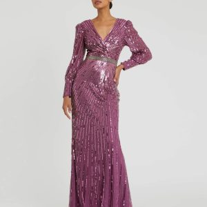 Purple Sequined Wrap Over Bishop Sleeve Gown